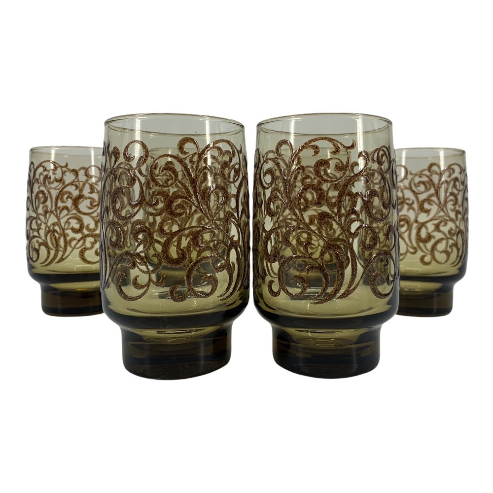Vintage 70’s Libbey Prado Smoked Tawny Raised Scroll Glasses Barware Set 6