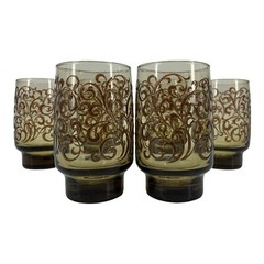 Vintage 70’s Libbey Prado Smoked Tawny Raised Scroll Glasses Barware Set 6