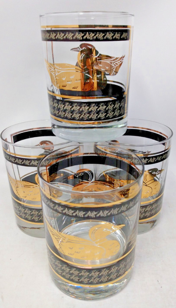 Set of 4 Georges Briard Black & Gold Old Fashioned High Ball Glass Mallard Ducks