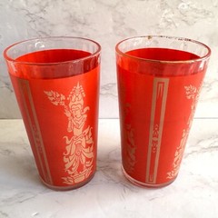 Pair VTG MCM Culver Siam Thai Goddess Hindu Red Gold Glasses Tumblers