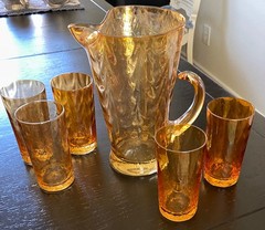 VTG Pitcher & Glasses Serving Set Amber Marigold Swirl Margarita Lemonade, Yea