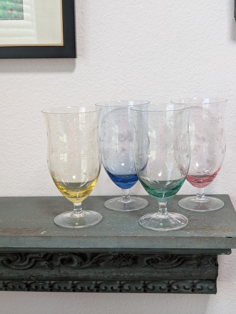 Vtg Lenox Butterfly Meadow Etched Iced Tea Water Goblets Set 4 Assorted Colors