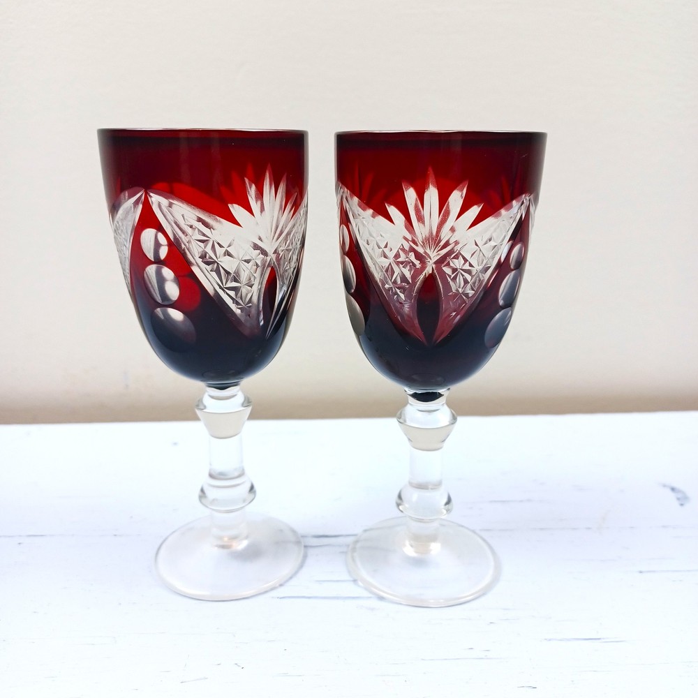 Bohemian Czech Ruby Red Cut to Clear Crystal Fan & Starburst Goblets Set of 2