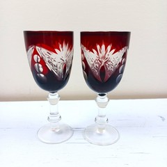 Bohemian Czech Ruby Red Cut to Clear Crystal Fan & Starburst Goblets Set of 2
