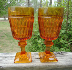VTG Pair 2 Indiana Glass Mount Vernon Amber Pedestal Goblet Water Glass MCM