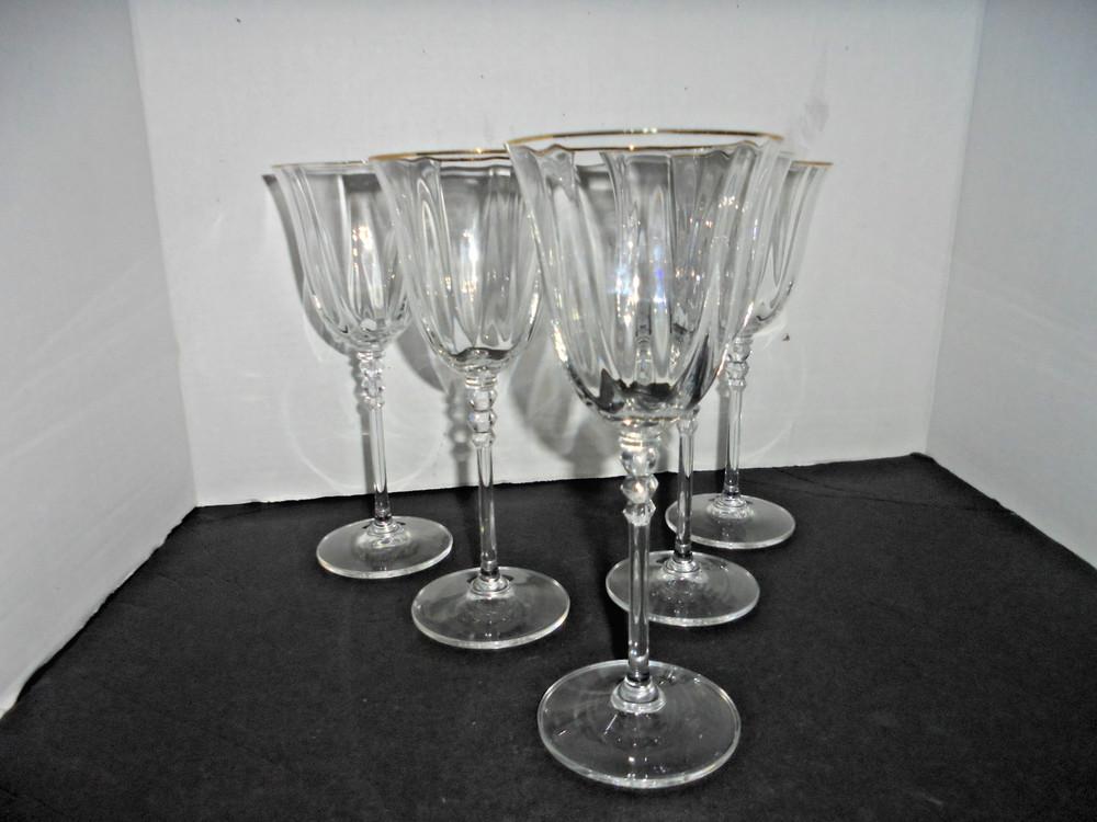 VINTAGE MIKASA «SONATA GOLD» RIM CRYSTAL WINE GLASSES 8 1/4″ Tall – SET OF 5