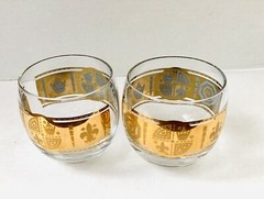 MCM mid century Pair Vito Bari Gold Roly Poly Glasses Culver Style Bar Glasses
