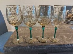 4 Water Goblet P1C8 by Pier 1 Emerald Rioja, Gold Scrolls&Trim 9 1/8″