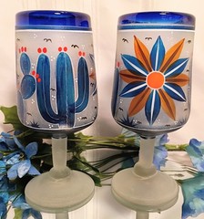 2 Hand Painted Blue Cactus Scene & White Frost Wine/Beverage Glasses Pair Set
