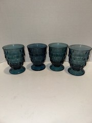 4 Vintage Colony Glass Whitehall 4 3/8” Riviera Blue Cubist Footed Tumbler
