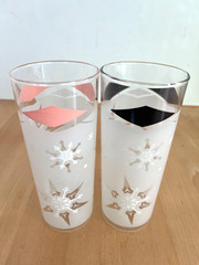 4 Mid-Century Colors Pink & Black Tom Collins Glasses w/Atomic Snowflake Design