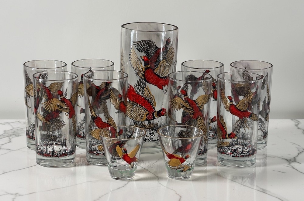 Vintage Hazel-Atlas Continental Can Pheasant Barware Set 11 Pc MCM Highball Shot