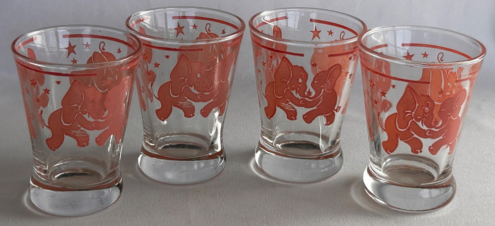 4 Hazel Atlas 1950s Dancing Drunk Pink Elephants 3oz Whiskey Double Shot Glasses