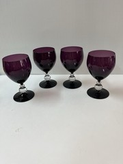 Crystal Stemware with Purple Amethyst Bowl and Foot & Clear Bubble Stem Set of 4