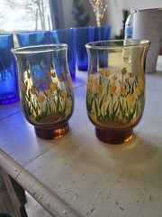 Vintage Libbey Drinking Glasses Smoke Amber with Yellow Tulips Floral Set of 2