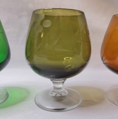 Set of 5 Cordial Shot Glasses Etched Glass Cherry Blossoms Mid Century Barware