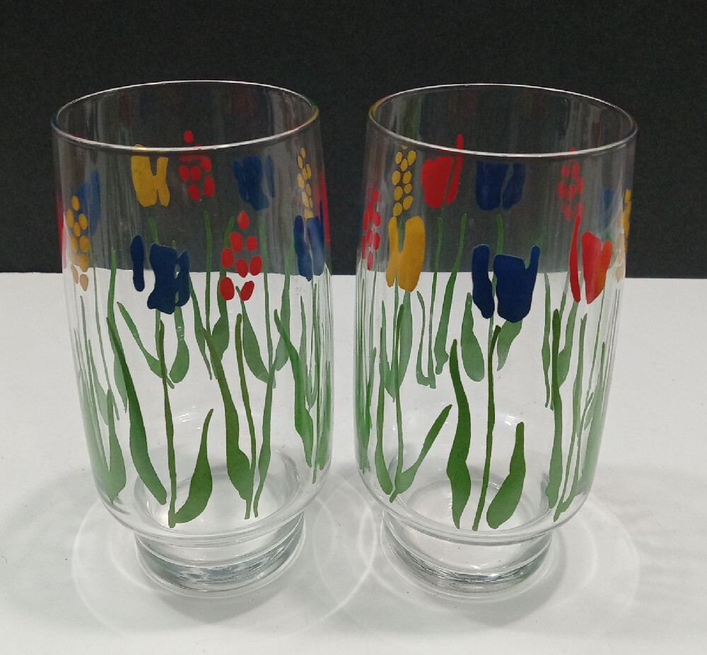 Lot 2 Clear Glasses Tumblers Spring Garden Luminarc Durand Tulips Flowers 12oz
