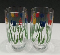 Lot 2 Clear Glasses Tumblers Spring Garden Luminarc Durand Tulips Flowers 12oz