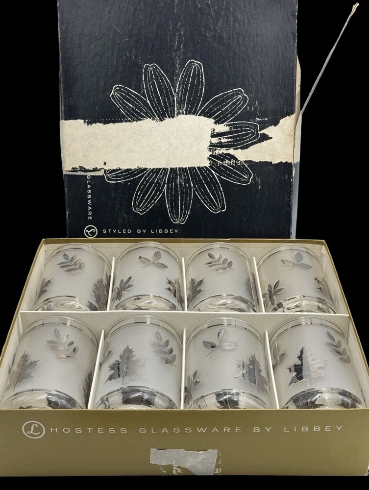 Vintage Libbey Silver Leaf Juice Glasses 8pc Set w Box Mid Century Barware Drink