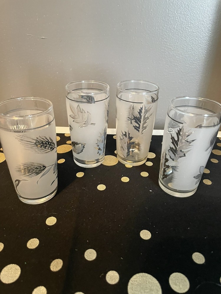 VTG Shot Glasses Libby Starlite Silver Leaf MCM Barware X4