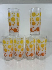 Vintage Set of 6 Federal Orange Yellow Polka Dot Tumbler Barware Glasses S1