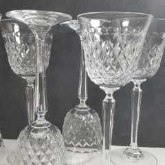 Vintage Cut Crystal Water Goblets Set of 6 Diamond Pattern Faceted Stem Elegant