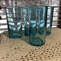 4 Turquoise Blue Seeded Hand Blown 12 Oz Tumblers Glasses