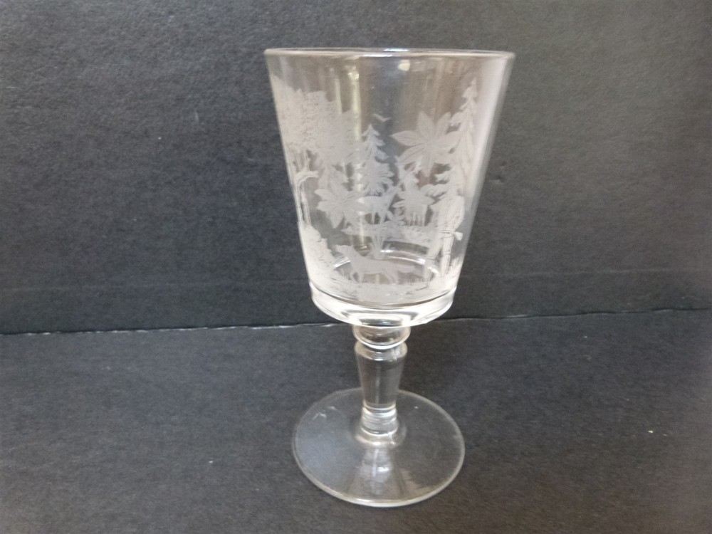 ANTIQUE EAPG Gillinder & Sons Hunter Deer Dog Water Goblet Glass RARE 6.5″ L1