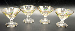 Vtg Set of 4 Mid-Century Modern Mini Martini Glasses Gold Band & Green Polka Dot