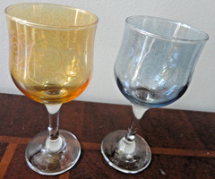 CRISTALLERIA FRATELLI FUMO SET / 3 ETCHED AMBER BLUE & PURPLE WINE GLASSES ITALY