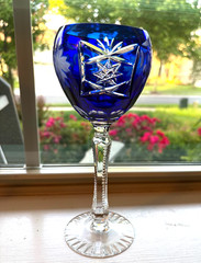 Czech Bohemian Crystal Cobalt Blue Cut To Clear Stem Stemware Wine Glasse 8 1/8″