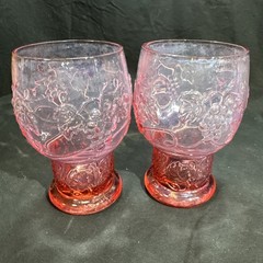 2 ANTHROPOLOGIE Helianthus Pink Glass Water Goblet Floral Flower Glassware 5” H
