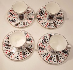 4 Queen’s China Staffordshire Cut for Coffee Playing Cards Cup & Saucer Set MINT