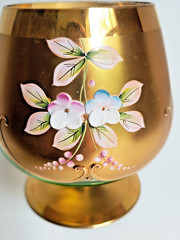 Bohemian Glass Hand Painted Enameled Flowers Gilt Gold Brandy Snifter, Set of 2