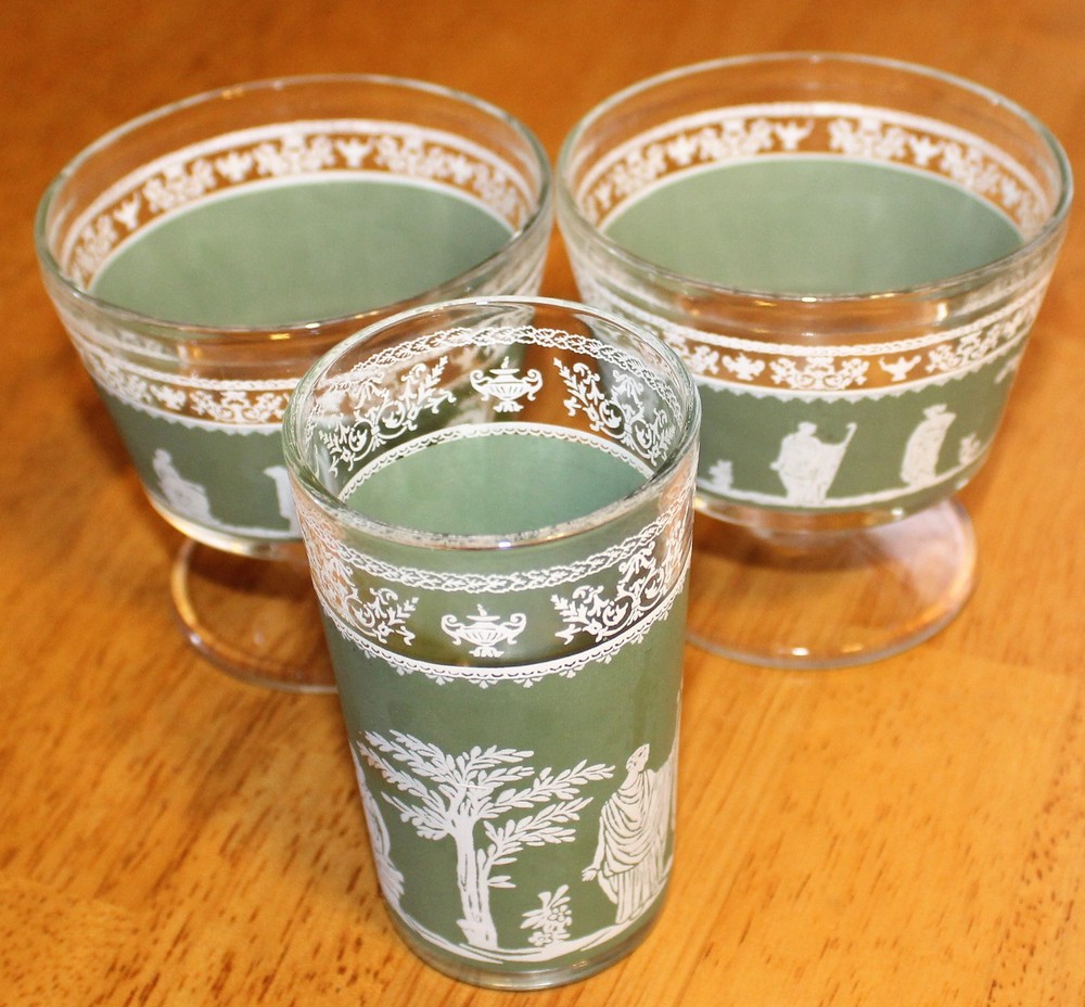 Jeannette: HELLENIC PATTERN TALL SHERBET (2) & JUICE (1) Glass – GUC