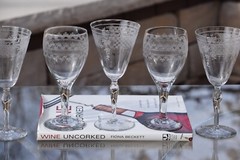 6 Mis-Matched Etched Wine Glasses ~ Water Goblets, Fostoria 1898-1920