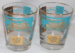 2 Southern Comfort Turquoise & Gold Steamboat Lowball Cocktail Whiskey Glasses