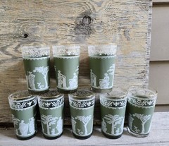 Vtg Jeanette Wedgewood Grecian Green Glasses 5 In Ht. 8 Oz Set 8