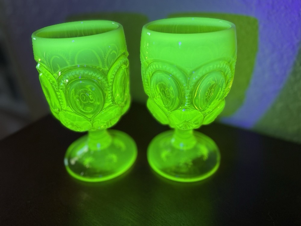 L G Wright/L E Smith Moon & Stars Yellow/Vaseline OPALESCENT GOBLET 6” Set 2