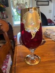 Bohemian ruby glass chalice Free Blown/Hand Blown Twisted Ribbon Swirl Stem 9.5”