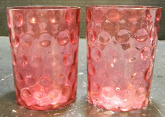 (2) Antique Hand Blown Optic Coin Dot Cranberry Glass Tumblers 3.68″ Excellent