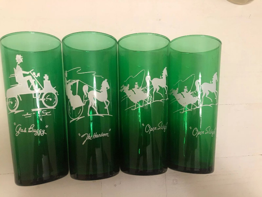 Vintage Christmas Barware 4 Anchor Hocking Forest Green Tumbler Open Sleigh Xmas