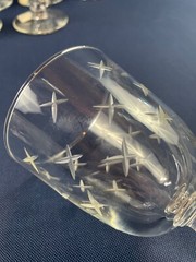 6 Mid-Century Modern clear / etched glass wine or water goblets c.1950s 1960s