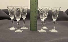 6 Etched Glass Stemware Cordial Stem Floral Leaves Classic Delicate 3.75″