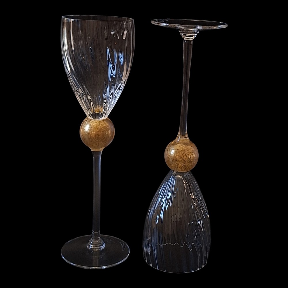Union Street Manhattan Gold Claret Wine Glasses (2) Signed 10 1/2″