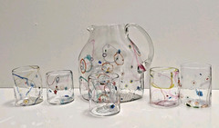 SIGNED Hand Blown Studio Glass Pitcher Tumbler Juice Glasses Set Colorful Swirls