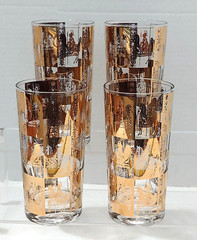 Culver 22K Gold High Ball Barware Glasses (Set 4) Knights Horse Signed MCM Vtg