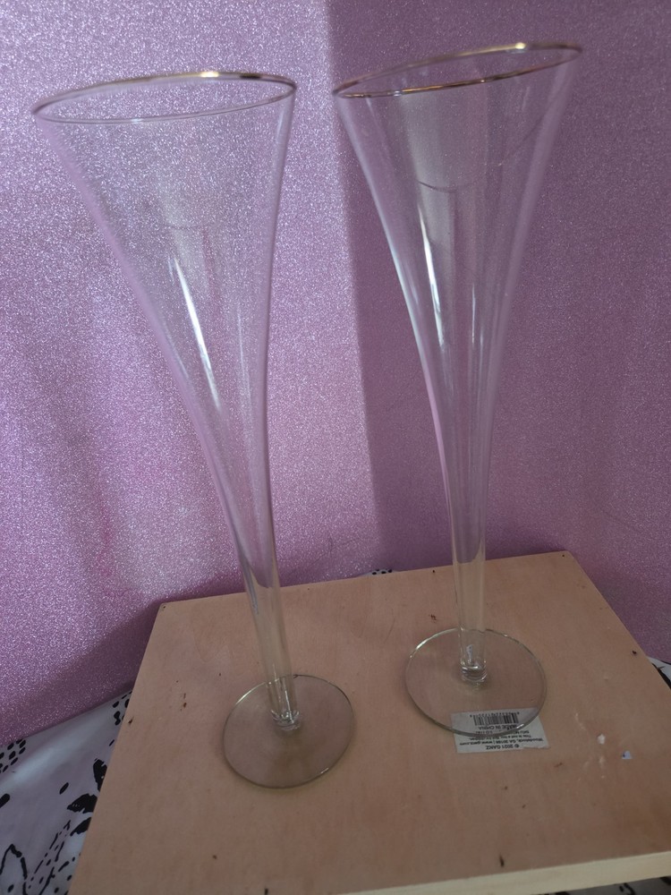 Block Crystal CELEBRATION 2 Hollow Stem Champagne Flutes Optic Gold Rim 10″ Vtg