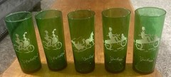 5 ANCHOR HOCKING GREEN DRINKING GLASSES TUMBLERS TRANSPORTATION SCENES 6.5” H