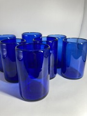 Cobalt Blue Tumblers Heavy Blow Glass Rough Pontil Set 7 No Chips